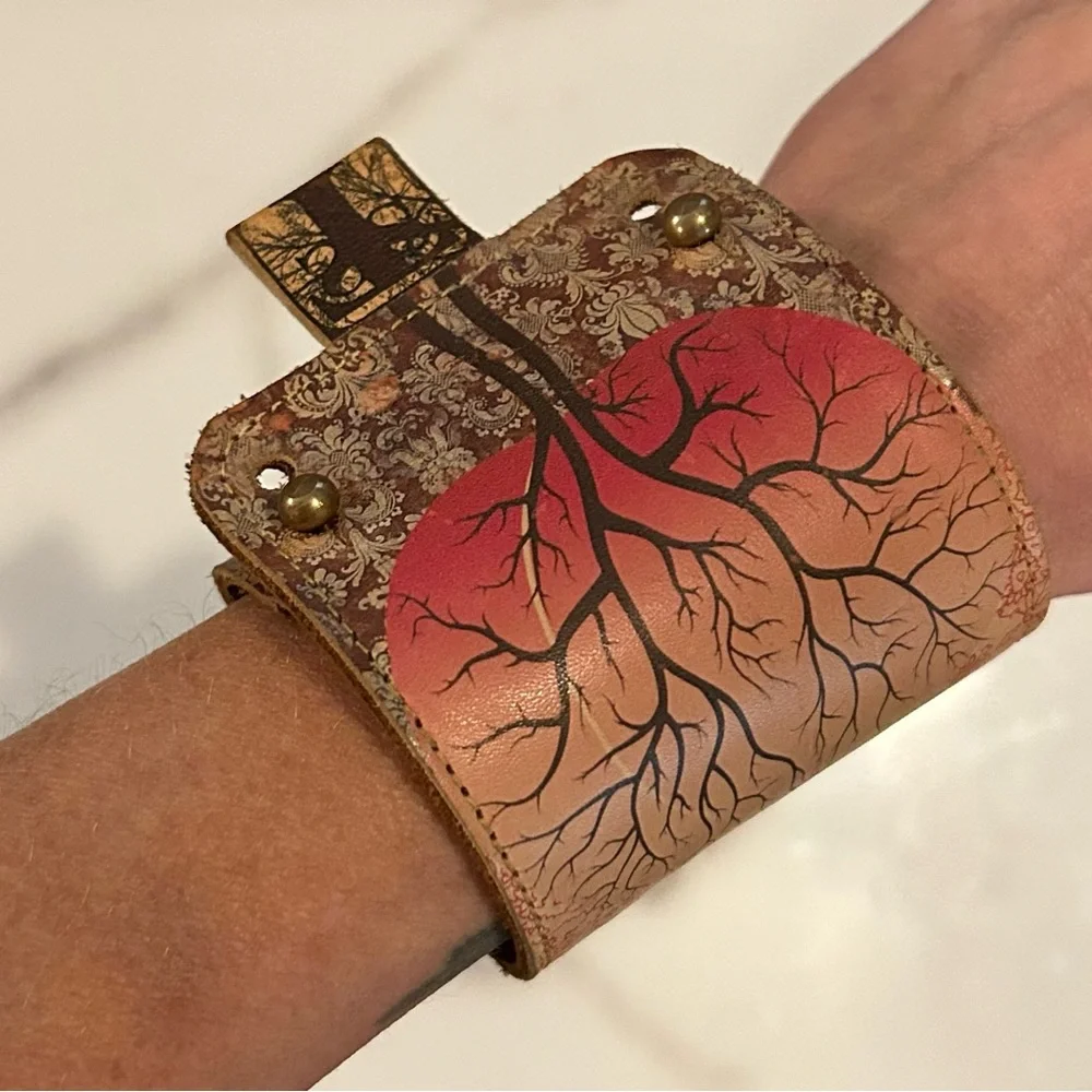 Handmade Tree Design Leather Wristband Cuff Bracelet w/ Secret Stash Pocket - Picture 2 of 8